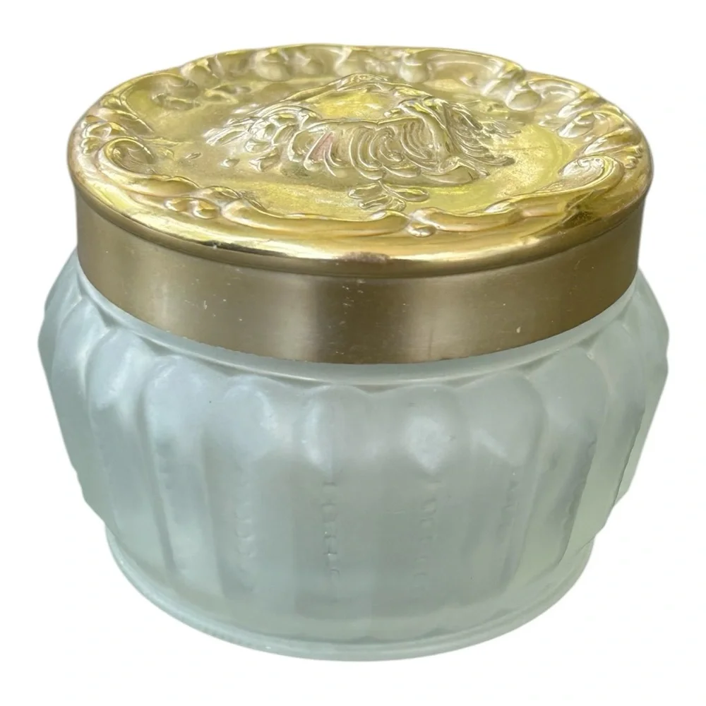 VTG Estee Lauder Re-Nutriv Face Powder Jar Empty Frosted Glass Gold Tone Lid